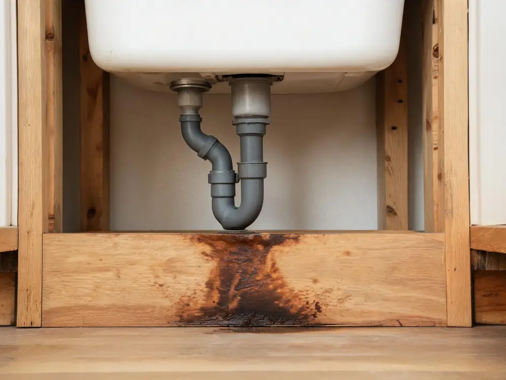 Stained and swollen cabinet base under a kitchen sink