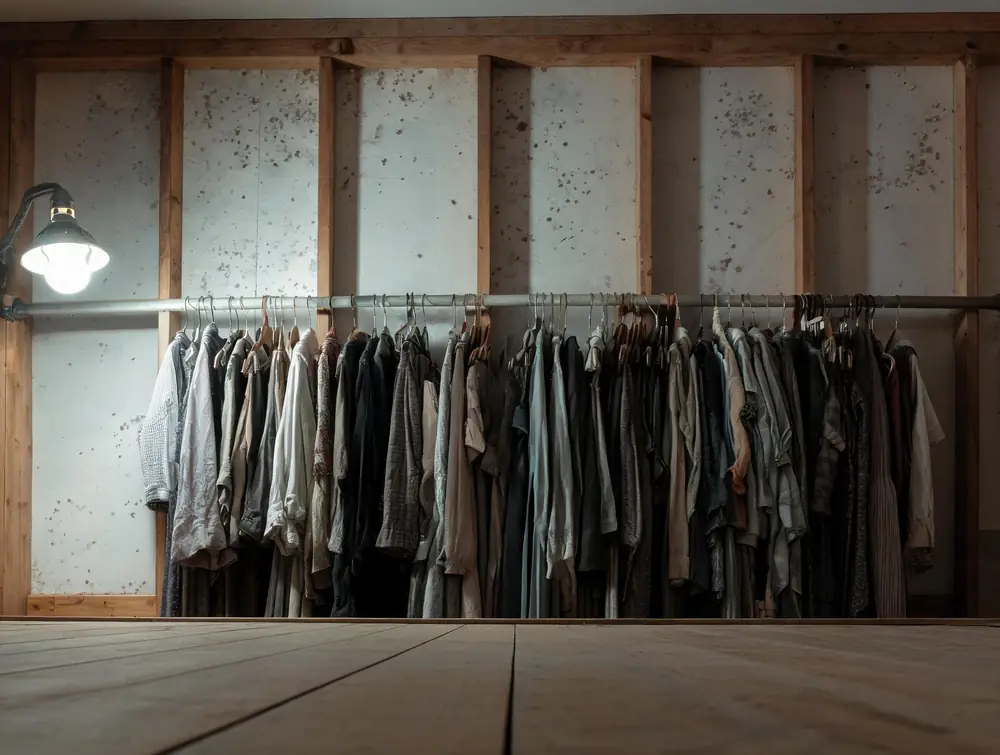 Clothing in a closet against a spotted exterior wall