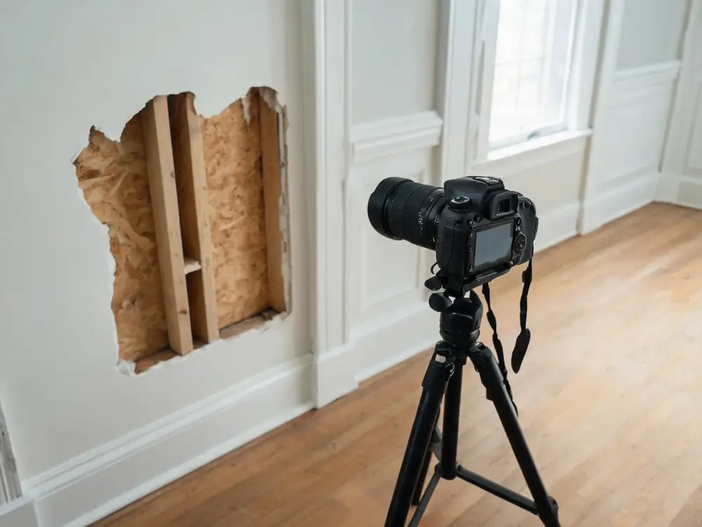 Camera on a tripod documenting a damaged wall