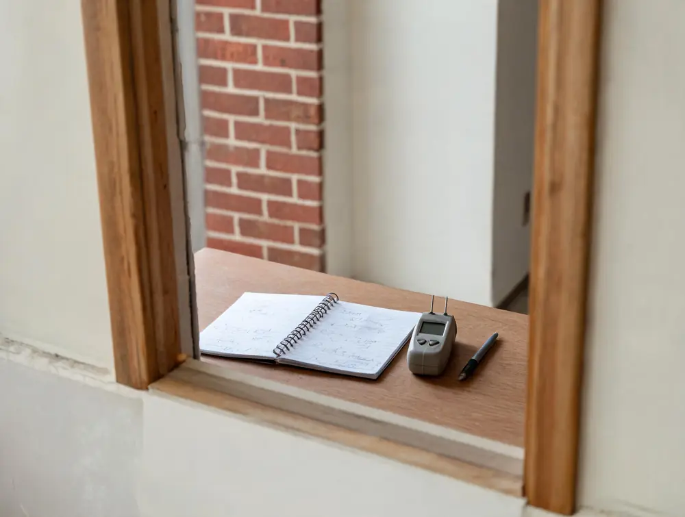 Handwritten moisture log beside a pin-type moisture meter