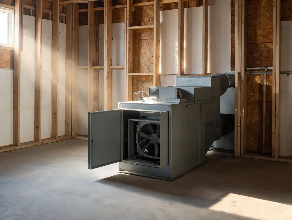 Commercial mechanical room with an air handler access panel open
