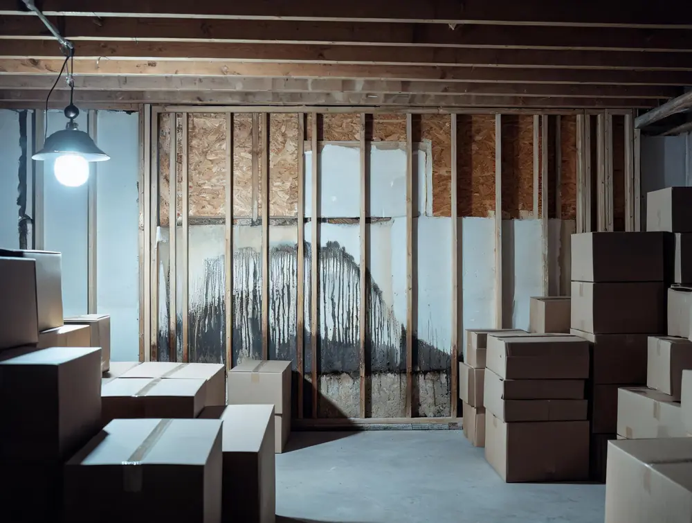 Storeroom stock pulled away from a damp exterior wall