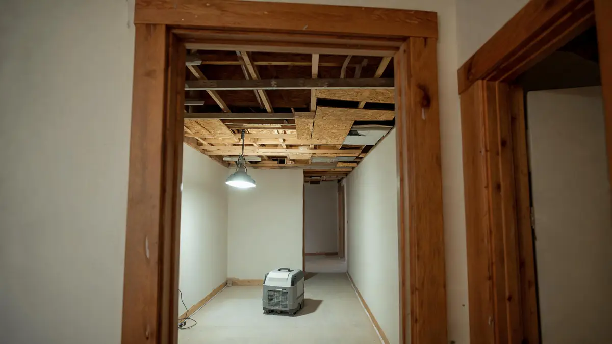 Office corridor under remediation with ceiling tiles removed