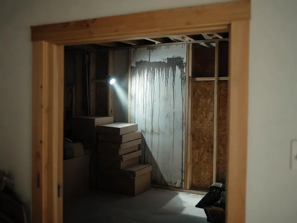 Storeroom stock pulled away from a damp exterior wall