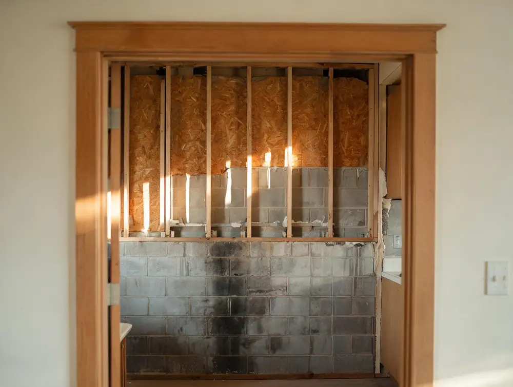 Commercial kitchen wall opened to show damp block work behind