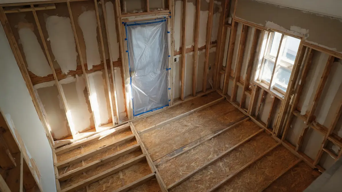 Hotel guest room stripped to the subfloor behind containment
