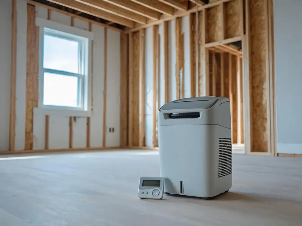 Dehumidifier and hygrometer running during the drying phase