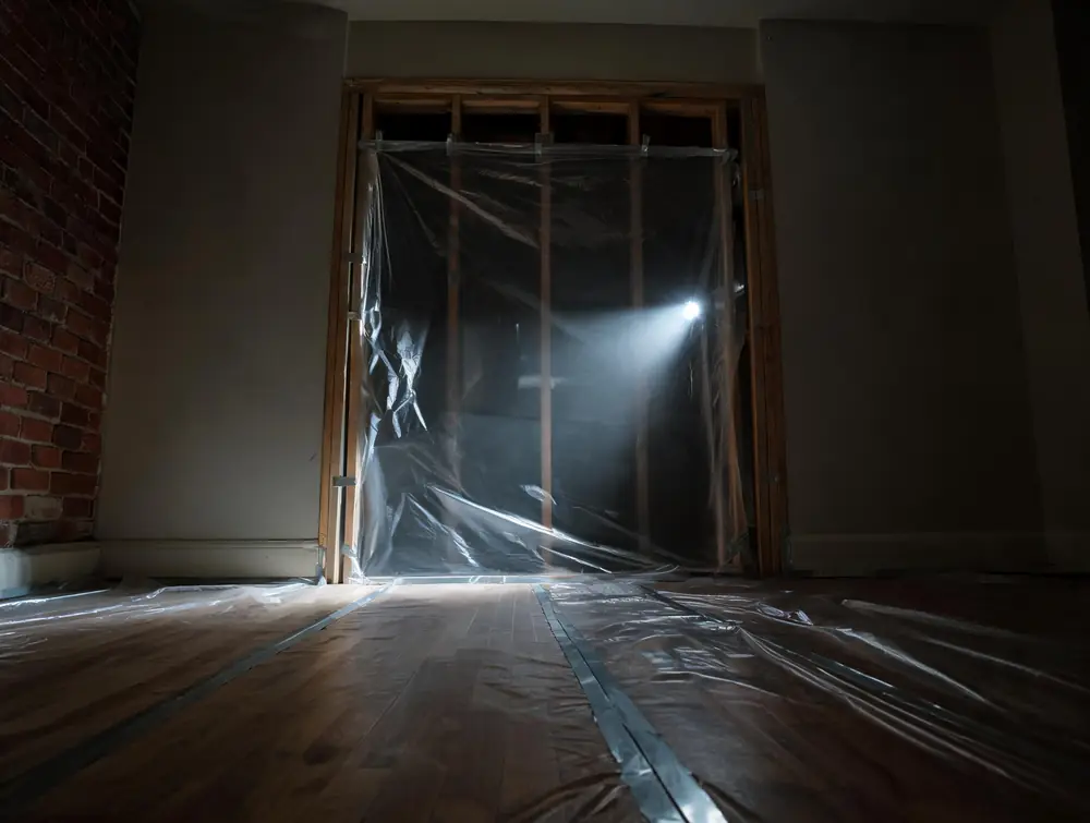 Poly sheeting taped floor to ceiling across an opening