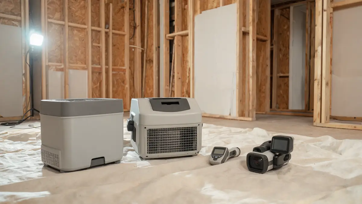 Remediation equipment staged together on a drop cloth