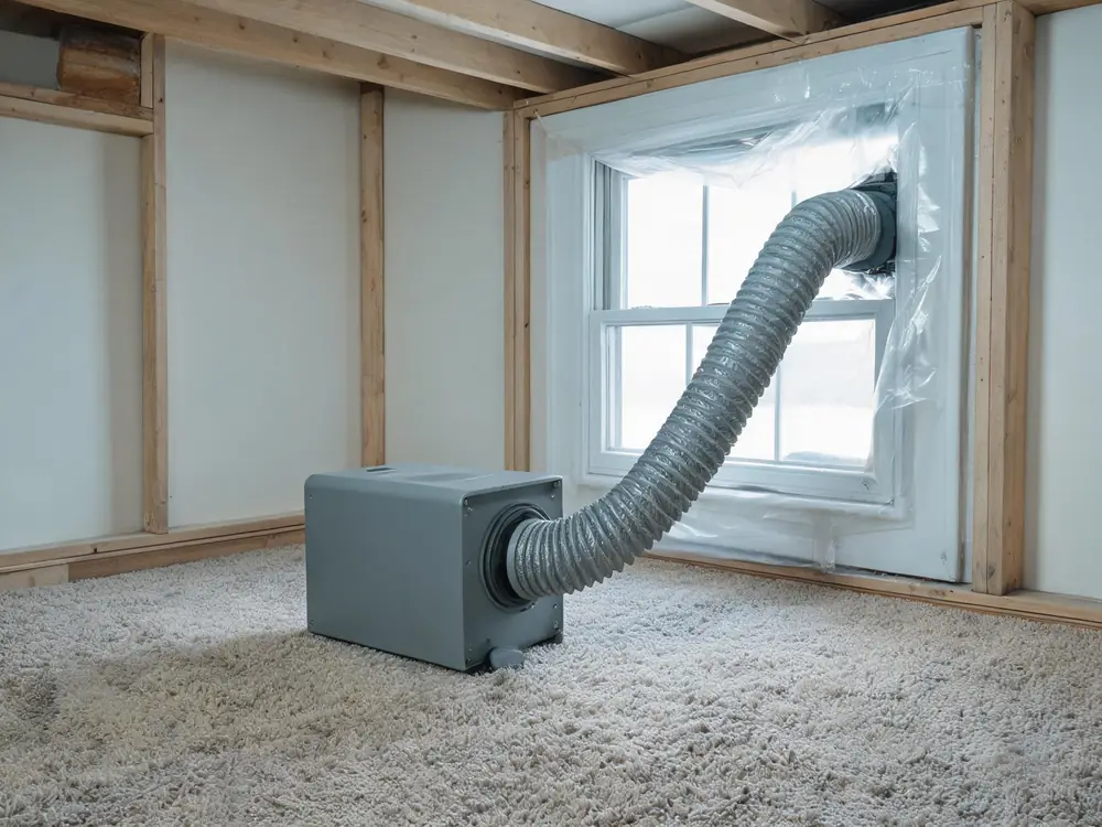 HEPA air scrubber running with ducting routed out of a window