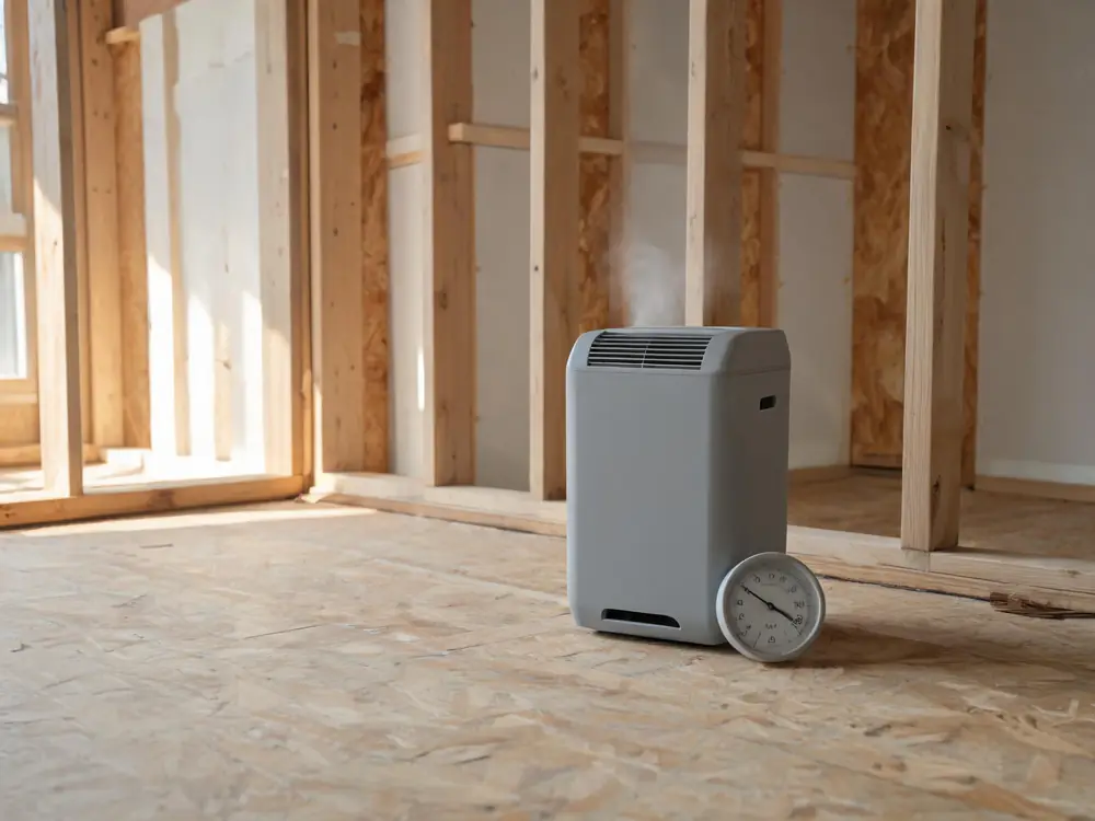 Dehumidifier and hygrometer running during the drying phase