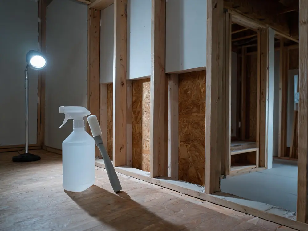 Pump sprayer resting beside cleaned framing