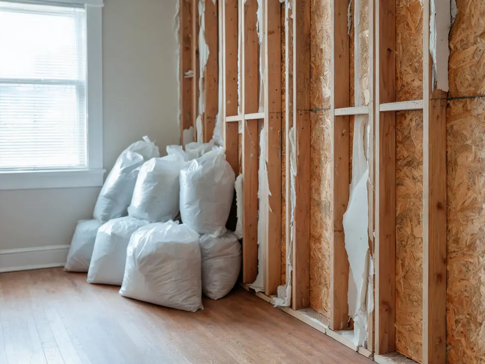 Room mid-remediation with contents bagged and framing exposed