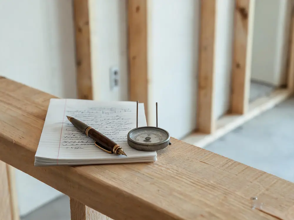 Handwritten moisture log beside a pin-type moisture meter