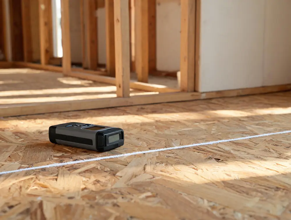 Laser distance measure beside a chalk line on a subfloor