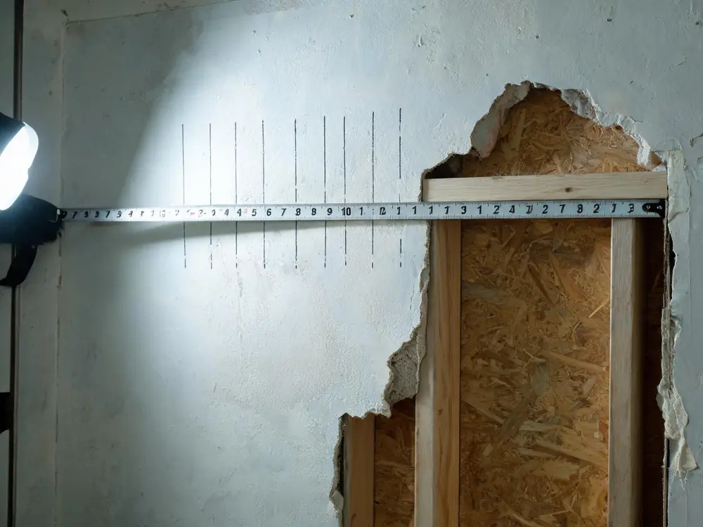 Tape measure pulled across a damaged wall section