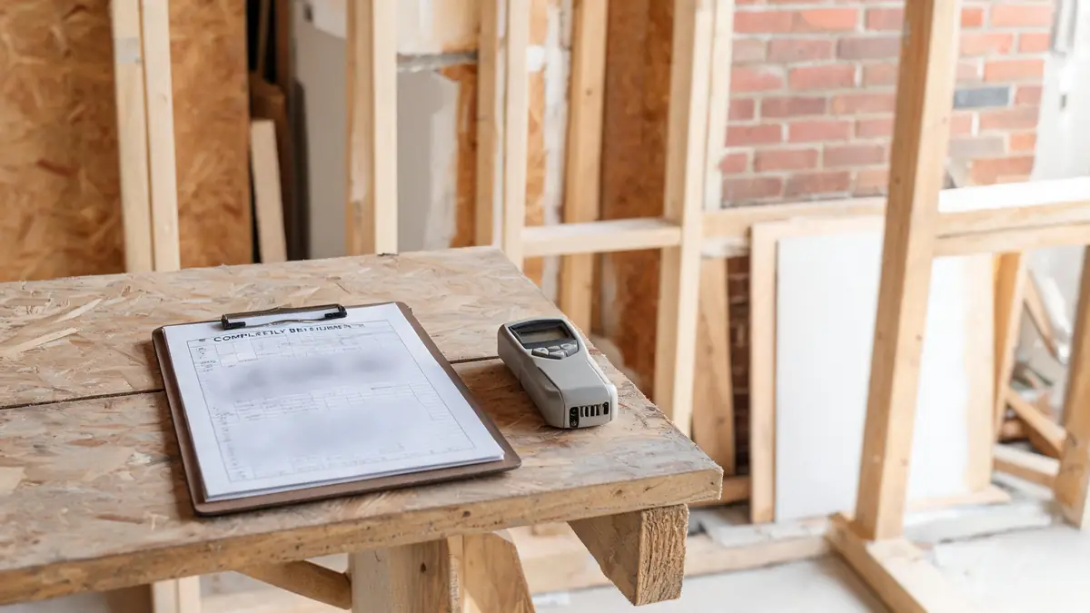 Line-item scope of work on a clipboard beside a moisture meter