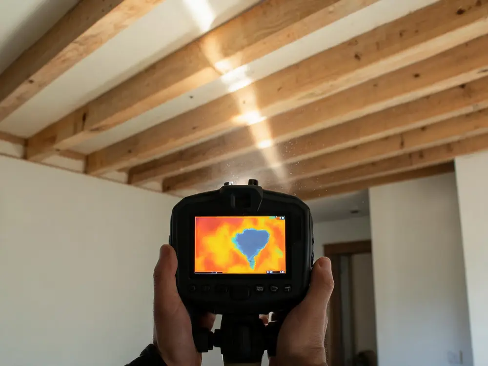 Thermal imaging camera showing a cool patch on a ceiling