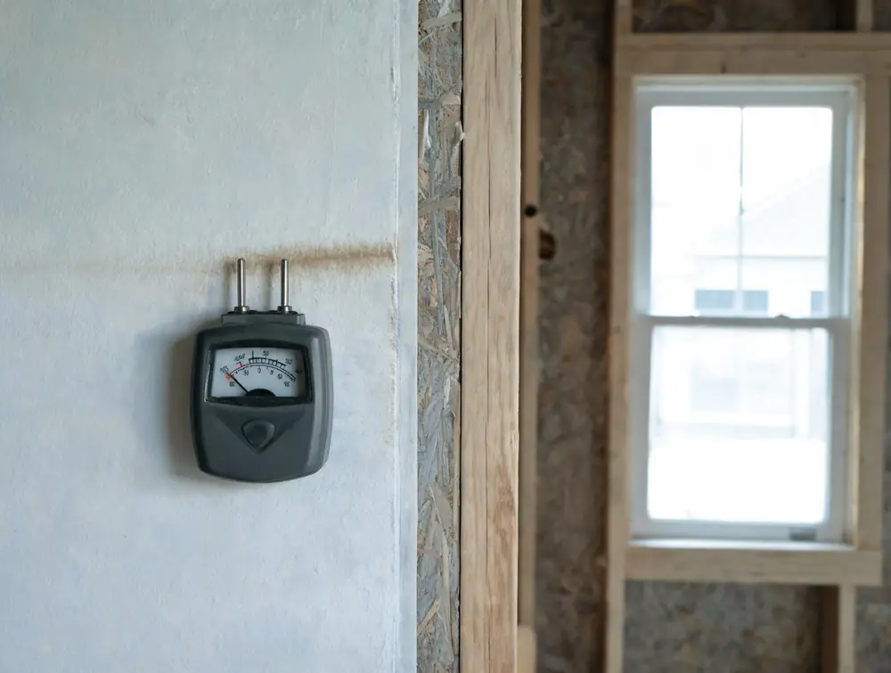 Moisture meter pressed against drywall beside a water stain