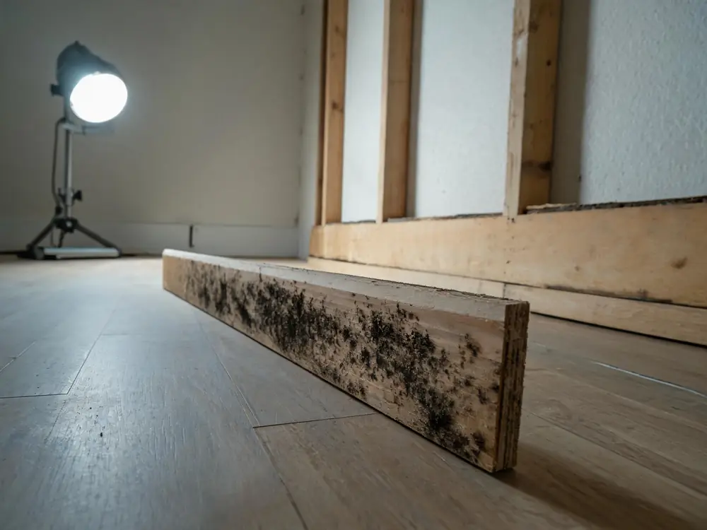Dark growth on the unfinished back of a removed baseboard