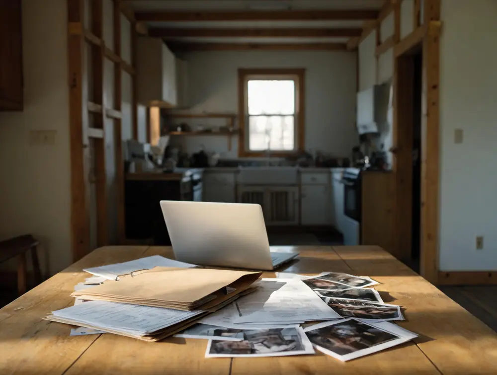 Folder of documents and photographs spread on a kitchen table