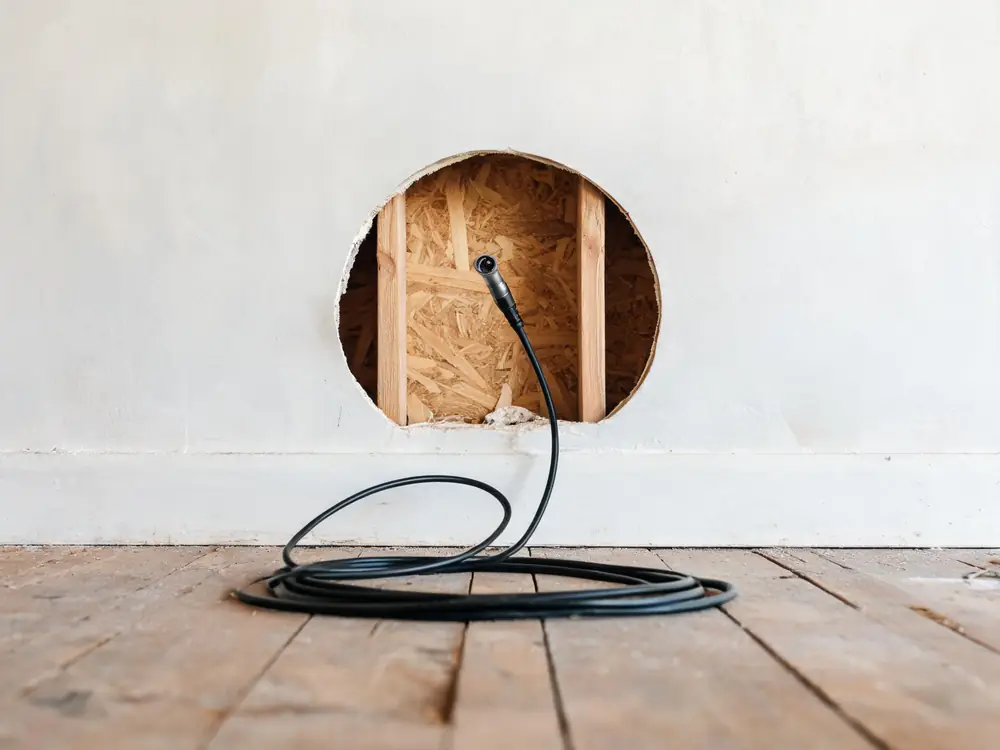Borescope probe inserted through a small hole in drywall