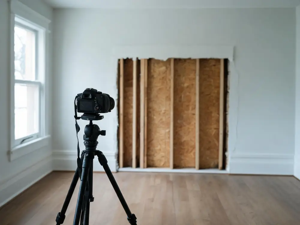 Camera on a tripod documenting a damaged wall