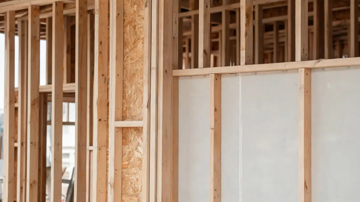 Tape measure pulled across a damaged wall section