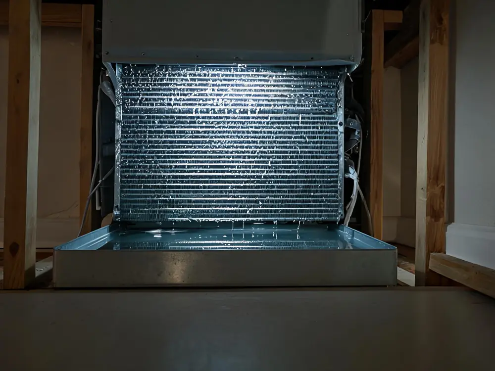 Damp evaporator coil fins above a condensate drain pan