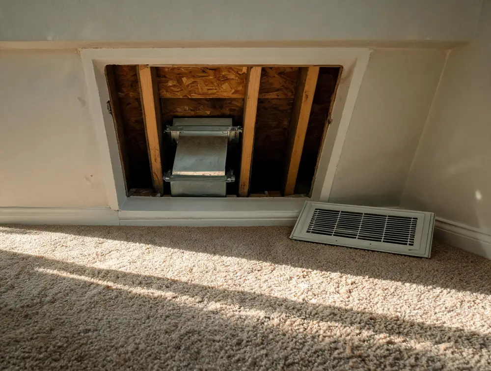 Ceiling supply register removed to show the duct boot above
