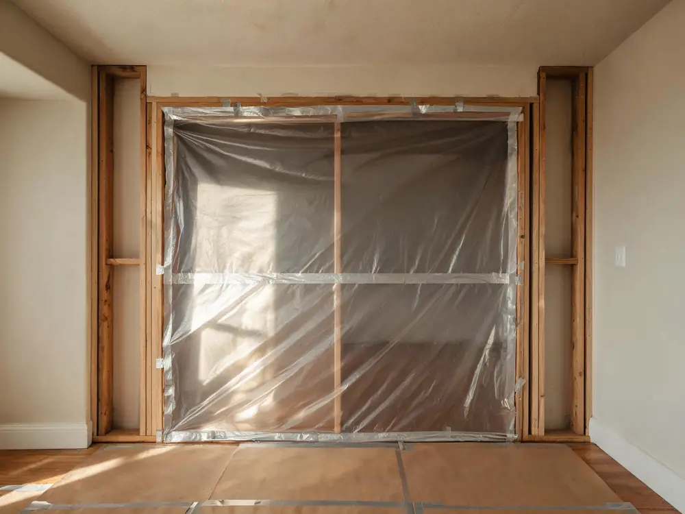 Poly sheeting taped floor to ceiling across an opening