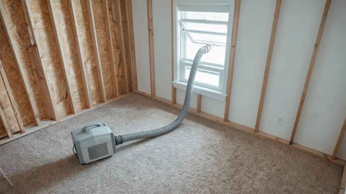 HEPA air scrubber running with ducting routed out of a window