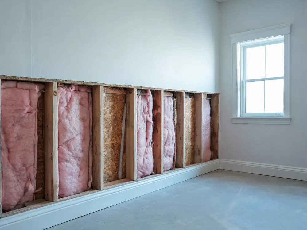 Basement drywall cut back to reveal damp framing behind