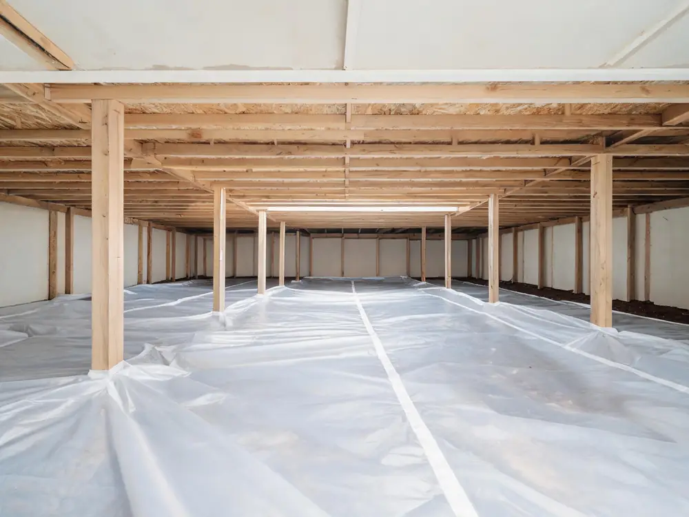 New white vapour barrier laid across a crawl space floor