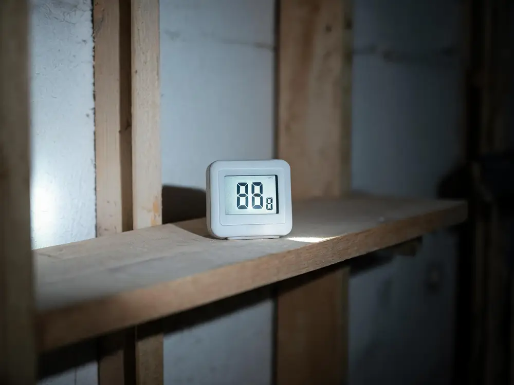 Digital hygrometer showing high humidity in a basement