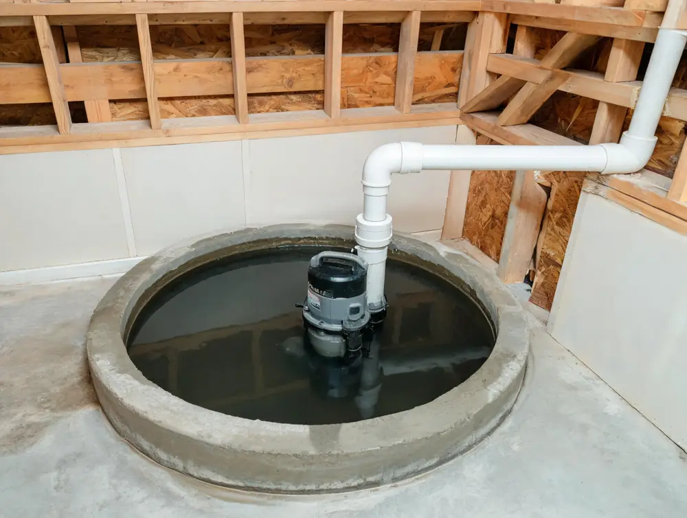 A sump pump sitting in a flooded basement pit
