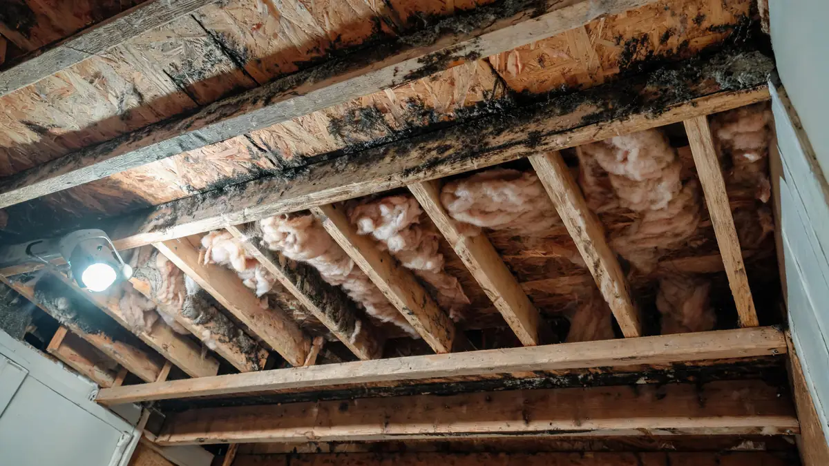Dark growth along crawl space floor joists and subfloor