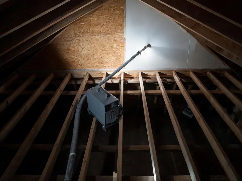 Dry ice blasting equipment staged in an attic beside partly cleaned sheathing
