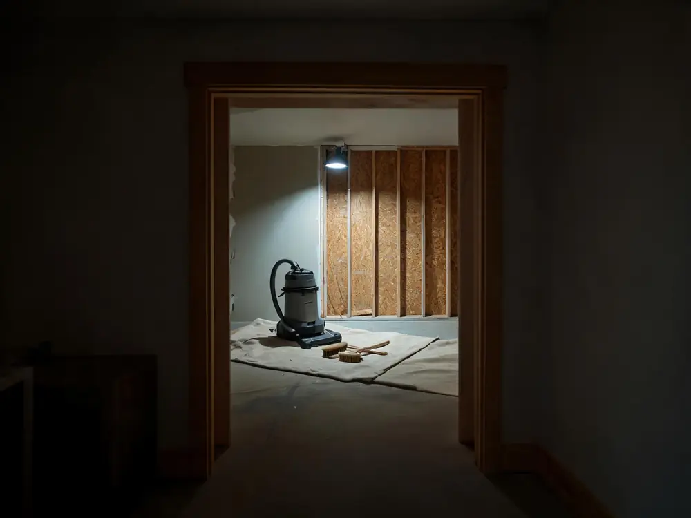 HEPA vacuum and brushes beside a partly cleaned framing bay