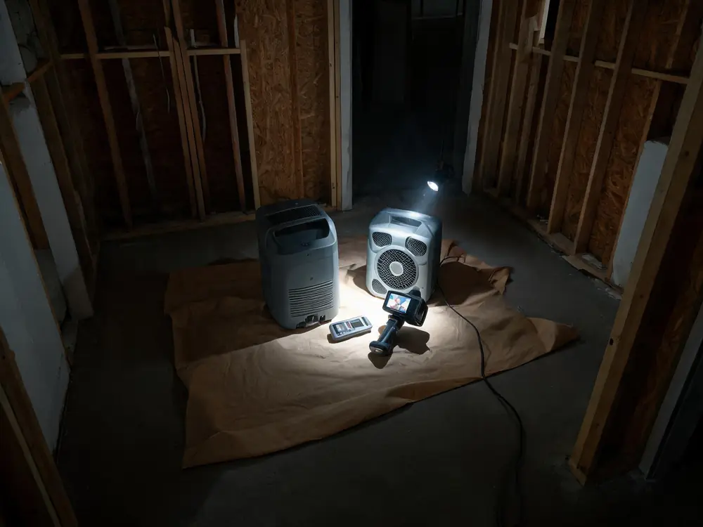 Remediation equipment staged together on a drop cloth