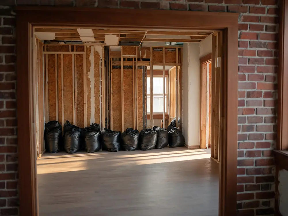 Room mid-remediation with contents bagged and framing exposed