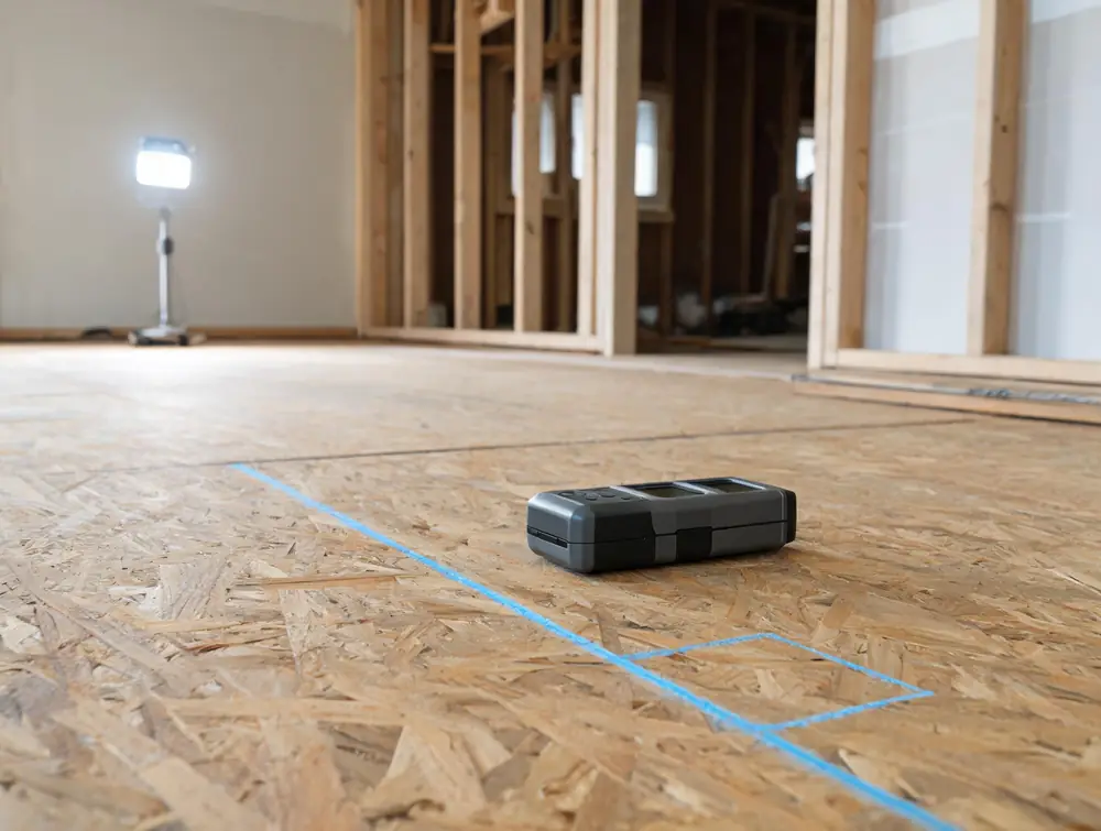 Laser distance measure beside a chalk line on a subfloor