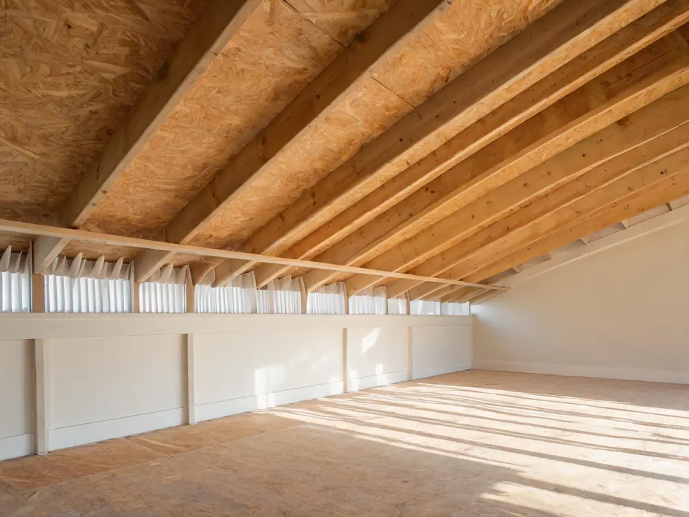 Attic sheathing cleaned back to bare wood after remediation