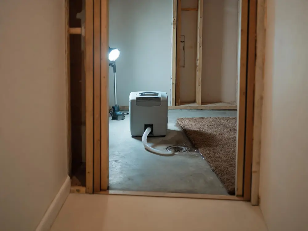 Commercial dehumidifier running in a finished basement