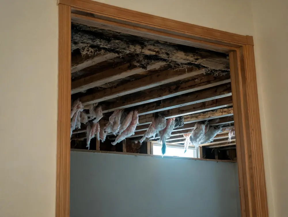 Dark growth along crawl space floor joists and subfloor