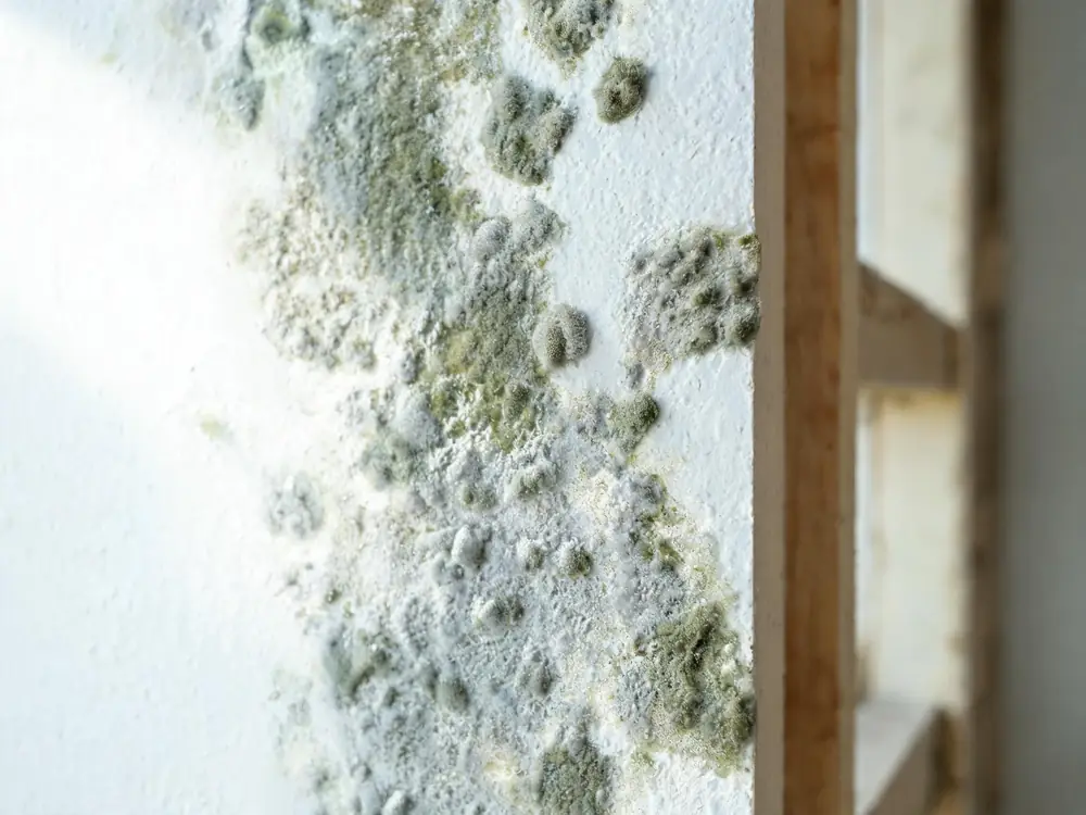 Close detail of textured mold colonies on a painted wall