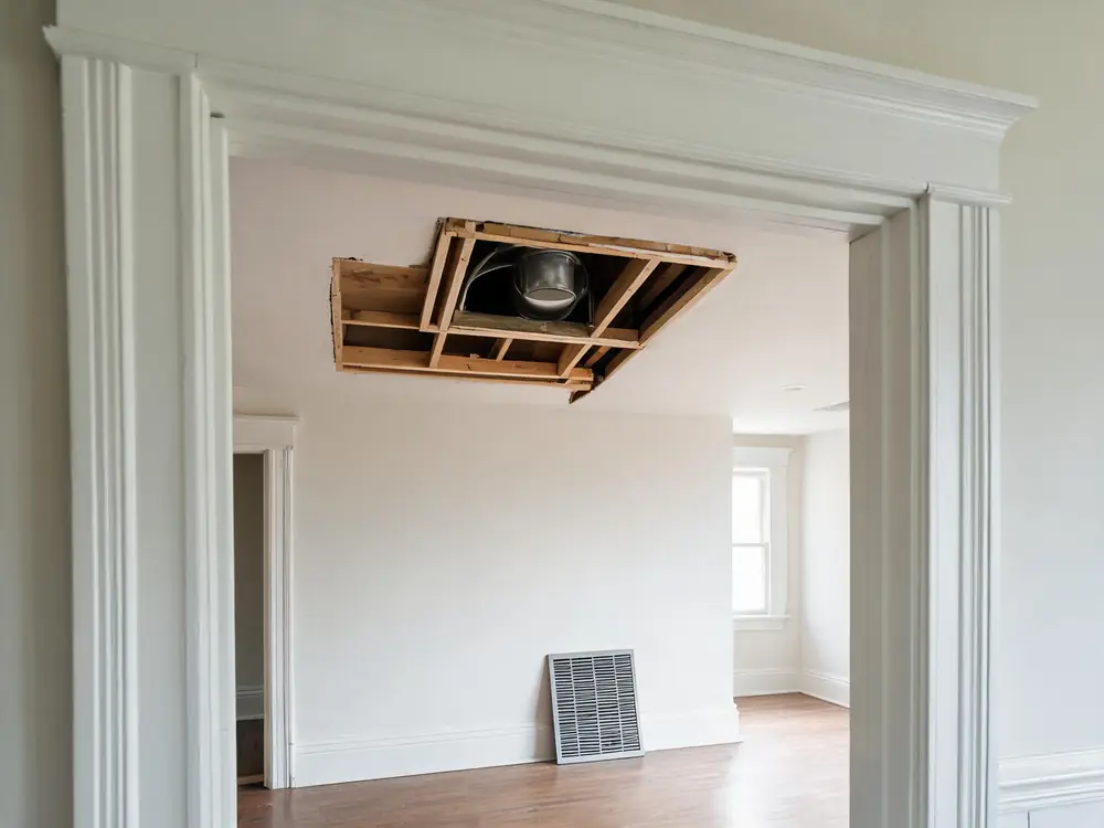 Ceiling supply register removed to show the duct boot above