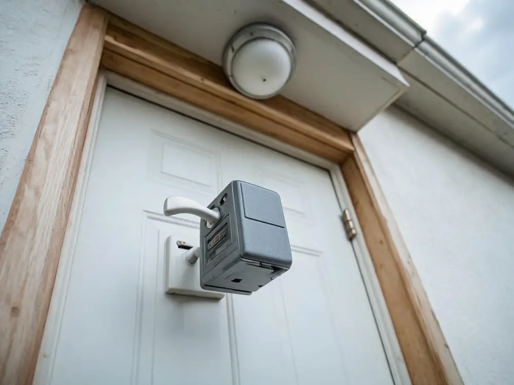 Real estate lockbox on the front door of an older house