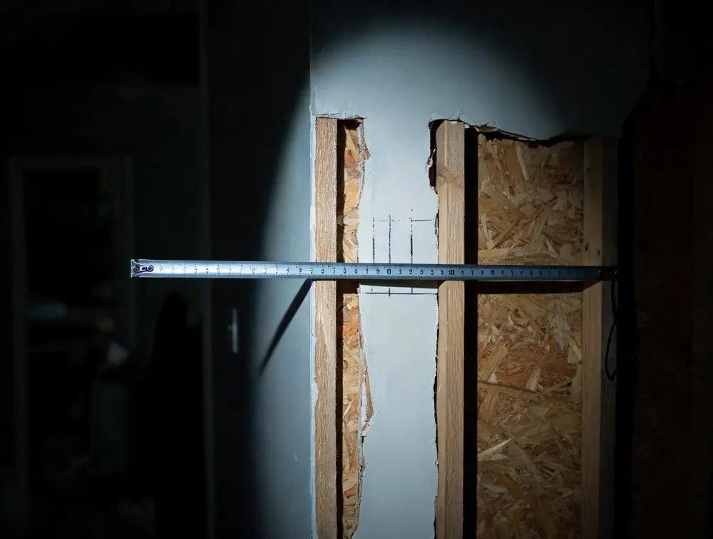 Tape measure pulled across a damaged wall section