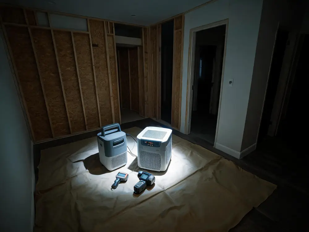 Remediation equipment staged together on a drop cloth